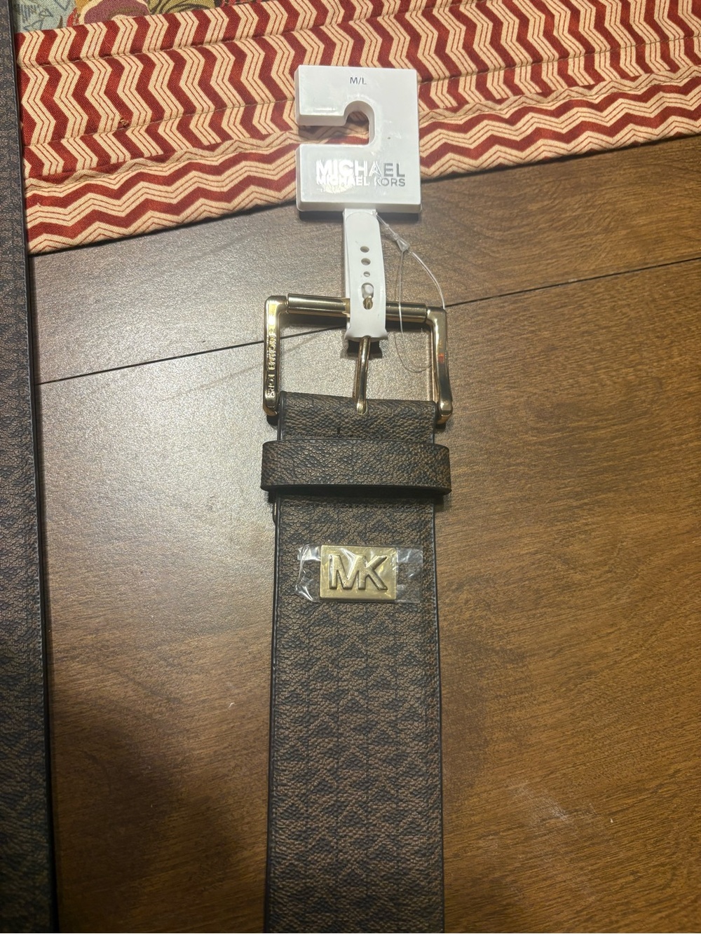 Women’s Michael Kors stretch Elastic Brown Logo-Textured Belt with Metal Buckle - Picture 5 of 11